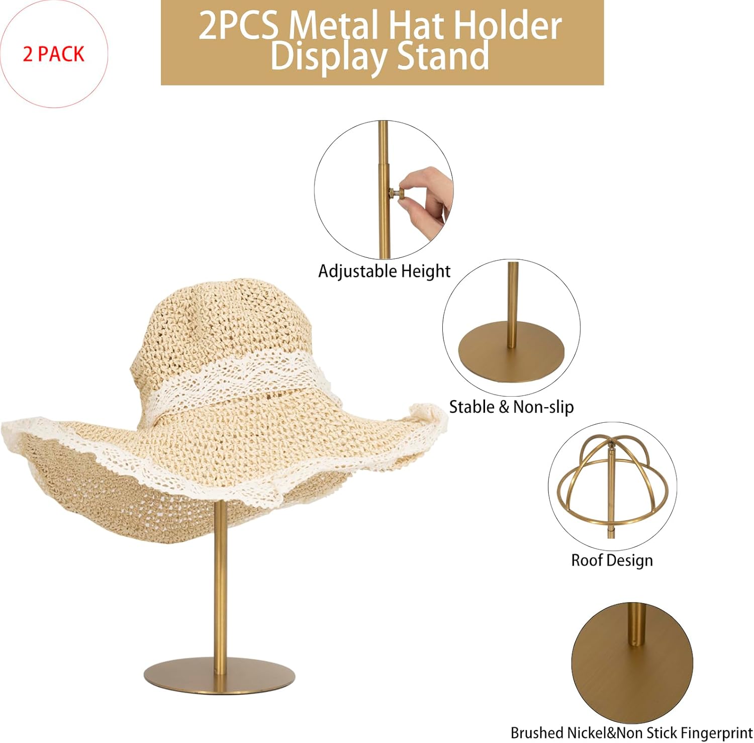 Hat Display Stand 2PCS Stainless Steel Adjustable Height Cap Rack Z27353