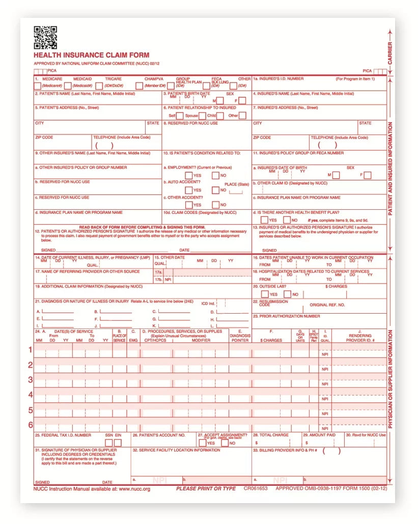 CMS 1500 Health Insurance Claim Form (02-12), 8.5" x 11", 2500 sheets