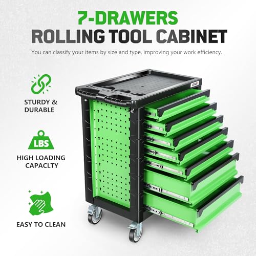 DNA MOTORING 7-Drawer Rolling Tool Cabinet Chest with Keyed Locking System, Green M137