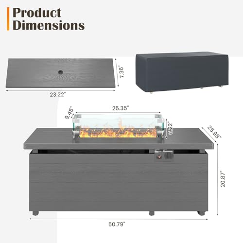 Sundale Outdoor 51 Inch Rectangle Propane Fire Pit Table with Glass Wind Guard, Gray T94945