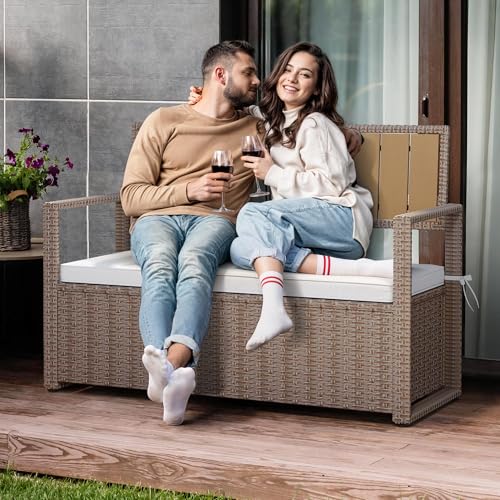 YITAHOME 90 Gallon Outdoor Wicker Storage Bench with Cushion, Black & Beige K940826