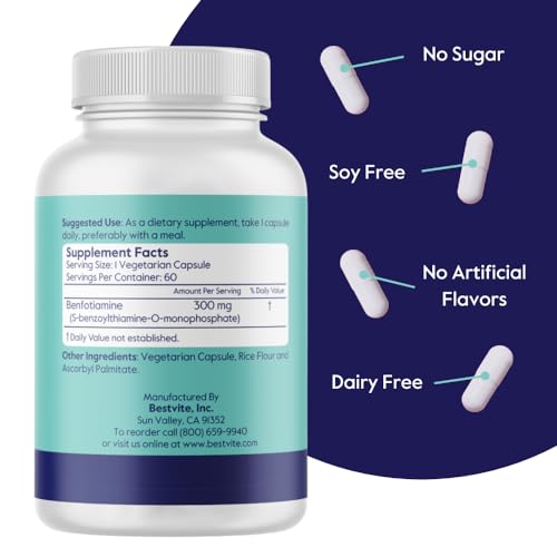 BESTVITE Benfotiamine 300mg 180 Vegetarian Capsules Vegan Non GMO L67000