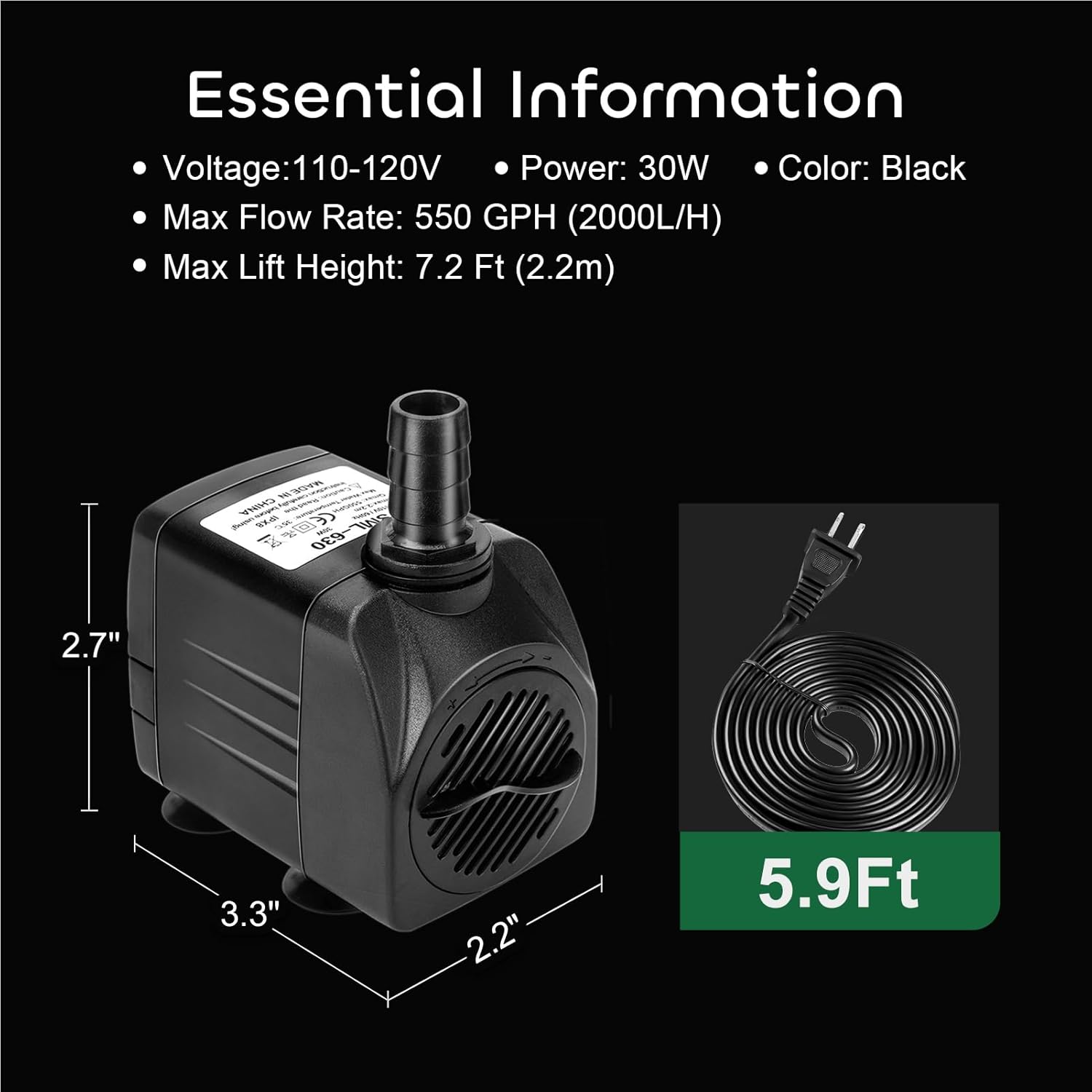 GROWNEER 550GPH Submersible Pump 30W Ultra Quiet Fountain Water Pump with 3 Nozzles V917174