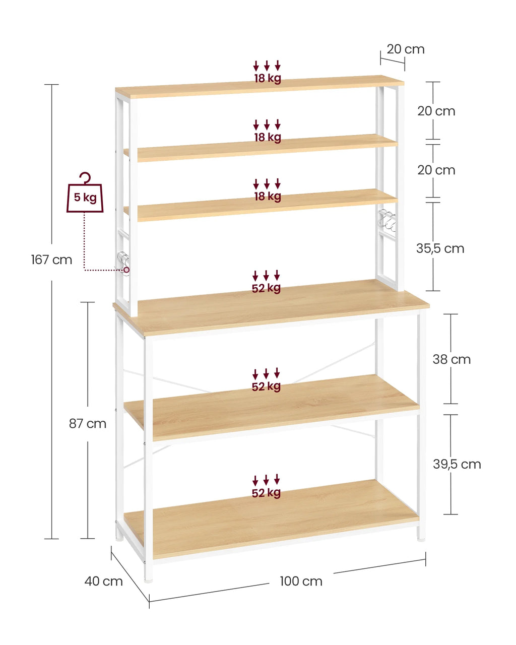 VASAGLE Coffee Bar Kitchen Baker’s Rack with Storage Shelf and 6 Hooks, Oak and White X692914