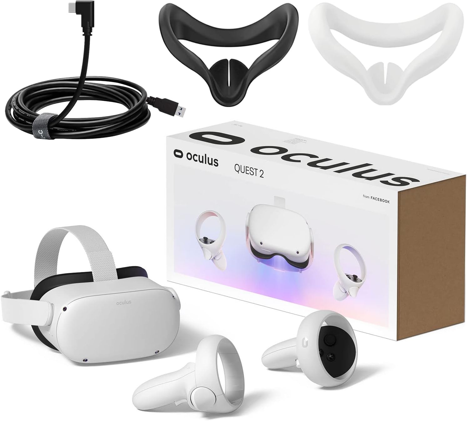 Oculus Newest Quest 2 VR Headset 128GB Set, White - Advanced All-in-One Virtual Reality Headset Cover Set, 16ft USB Type-C Link Cable + 2 Silicone Face Cover Bundle
