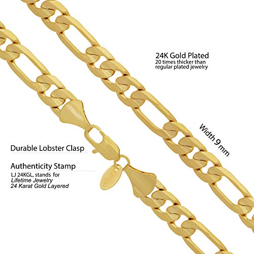 LIFETIME JEWELRY 9mm Figaro Chain Bracelet 24k Real Gold Plated M4432