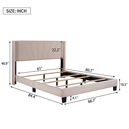 Queen Size Velvet Upholstered Platform Bed with Headboard and Wood Slat Support I749440