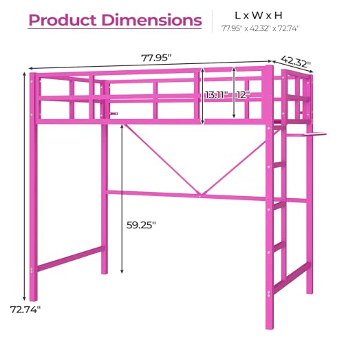 DICTAC Twin Loft Bed with Ladder and Guardrail, LED Lights, White B3802