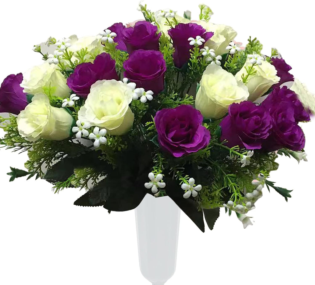 Artificial Cemetery Rose Flowers for Outdoor Grave Decorations & Memorials- Beautiful Arrangements for Headstones (1, Purple/White)