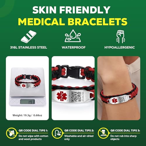 Medical Alert ID Bracelet with QR Code - Nylon Waterproof Wristband for Men Women R5076