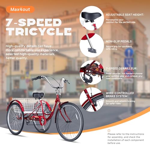 Adult Tricycle with Large Basket 24/26 Inch, 7-Speed 3-Wheel Bike I7207