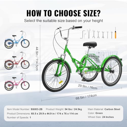 VEVOR Folding Adult Tricycle 24-Inch 3 Wheel Cruiser Bike with Basket, Green Z765777