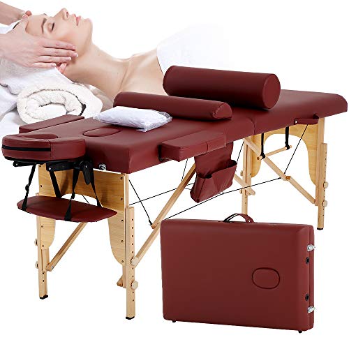 Dkeli Portable Massage Table Spa Bed Foldable 73 Inch Height Adjustable Massage Bed wCarry Case 2 Fold Tattoo Salon Table Bed wSheet Cradle Cover 2 Bolster Hanger Facial, Hold Up to 450LBS, Cream
