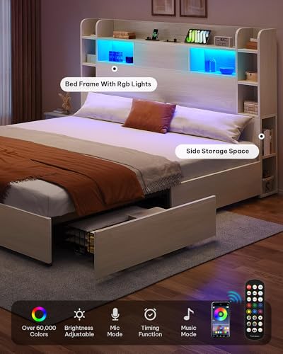 YITAHOME Queen Bed Frame with Bookcase Headboard and 4 Storage Drawers, Black L762695