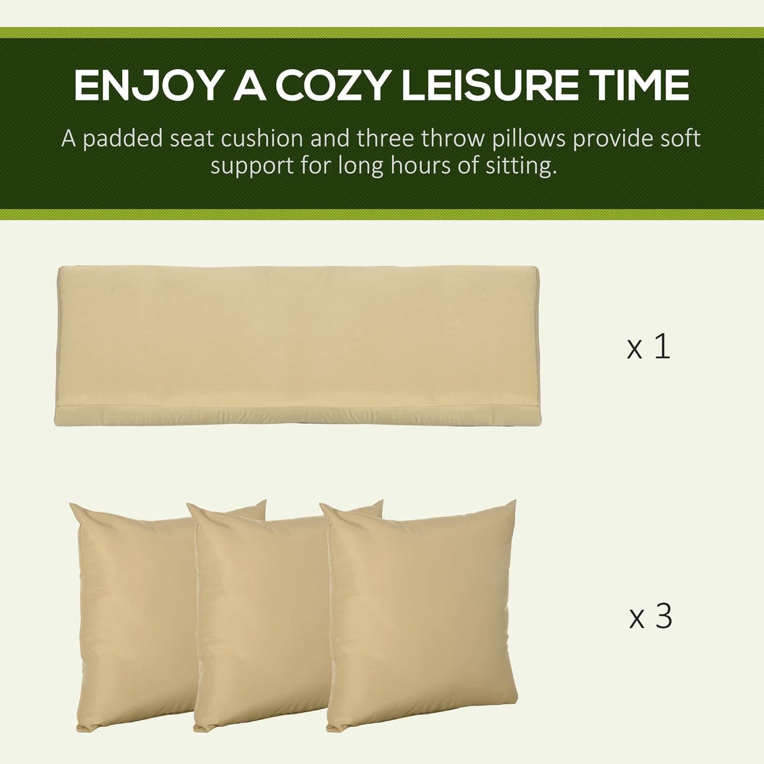 3-Seat Patio Swing Chair with Cushion, Pillows & Canopy, Khaki C961372