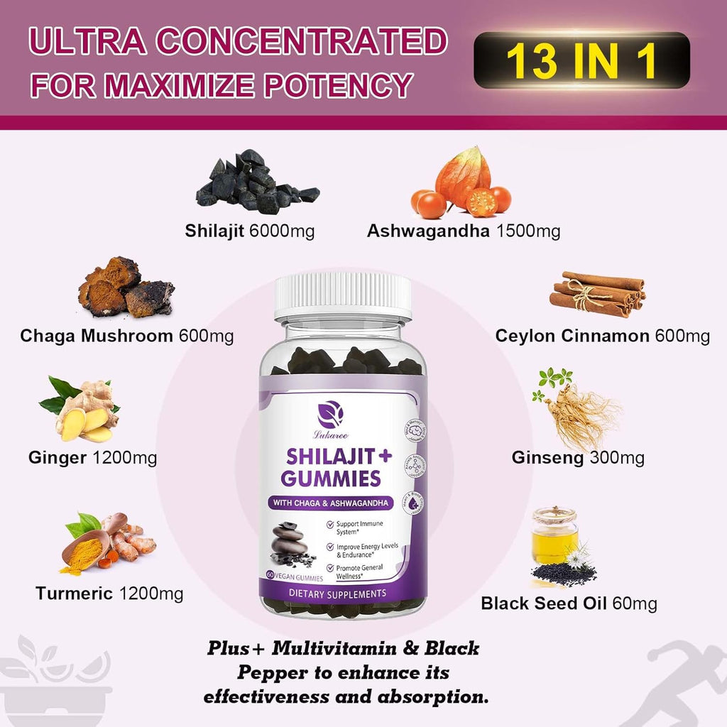 Shilajit Gummies with Ashwagandha, Black Seed Oil, Vitamins & Zinc, Sugar Free, Vegan L219