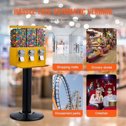VEVOR Commercial Vending Machine, Triple Compartment Candy Dispenser with Iron Stand, Yellow K8189