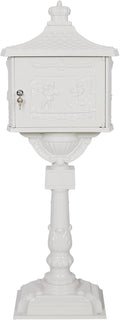 Cast Aluminum Vintage Mailbox with Post,Freestanding Mail Boxes for Outside,Postal Box with Locking Security and Heavy Duty Support Stand 2 Keys for House Home Outdoor Doorway Garden,Gifts,White
