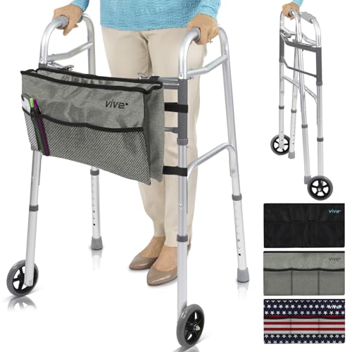 Vive Mobility Folding Walker for Seniors (with Wheels & Bag) - Rolling Rollator - Narrow, Foldable, Lightweight - Medical Front Wheeled Support - for Adults, Handicap, Elderly (with Gray Bag)