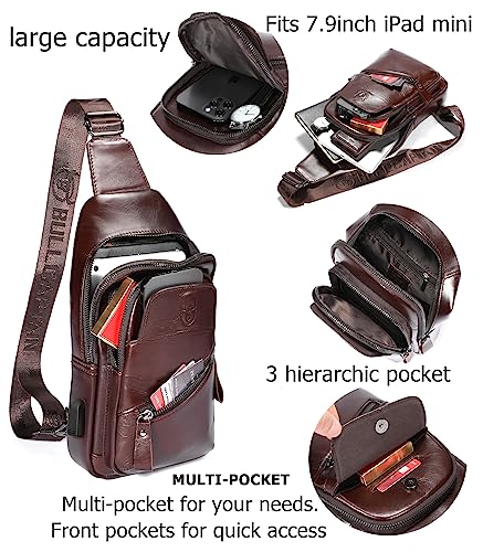 BULLCAPTAIN Leather Sling Chest Bag for Men with USB Charging Port P703