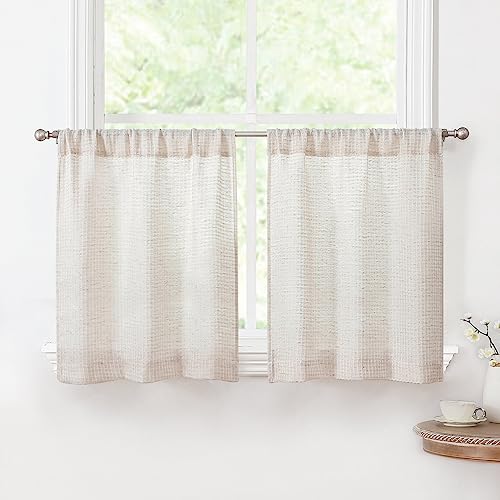 Valea Home Waffle Linen Kitchen Curtains 24 Inch Length Rustic Farmhouse Crude Short Cafe Curtain Tiers for Small Window Bathroom Basement, Natural, 2 Panels