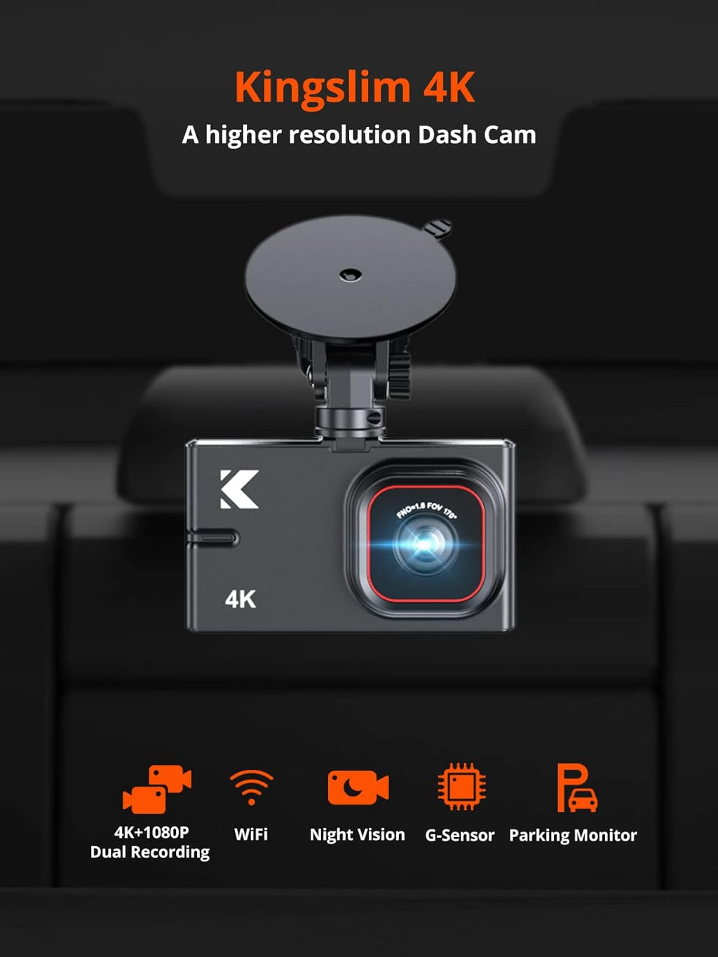 Kingslim D2 Pro 4K Dash Cam Front and Rear with WiFi, Night Vision, 256GB Supported I89562