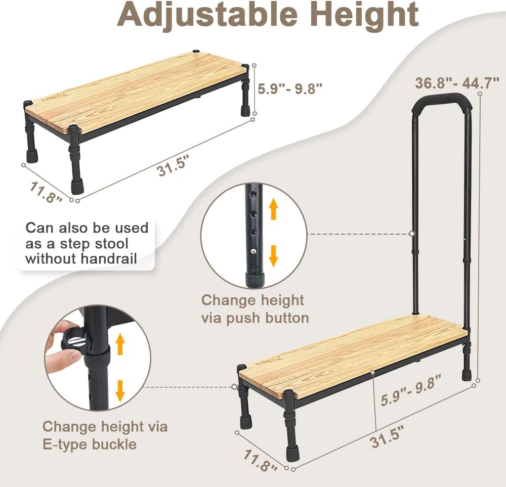 Zelen Bed Step Stool with Handle for Elderly, Adjustable Height Safety Foot Stool E115658