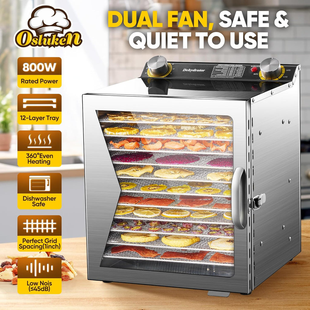 Food Dehydrator 800W, 12 Stainless Steel Trays, Timer & Temperature Control E154734