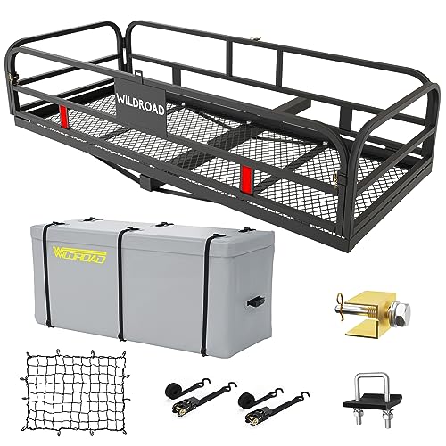 Wildroad Hitch Cargo Carrier 500 LBS Capacity Vehicle Trailer Baskets 60" x 24" x 14" Fits 2" Receiver with Waterproof Cargo Bag, Cargo Net, Ratchet Straps and Dual Tightener