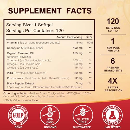 CoQ10 400mg SoftGels with PQQ, Omega 3 & Vitamin E, 120 Servings H3617