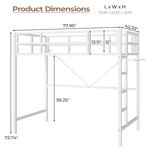 DICTAC Twin Loft Bed with Ladder and Guardrail, LED Lights, White B3802