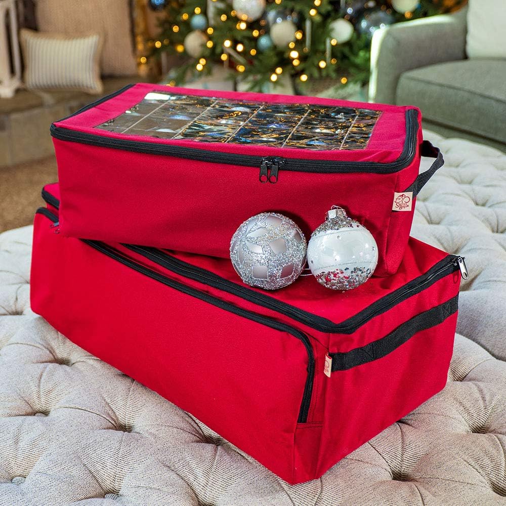 Red Christmas Ornament Storage Box with Dividers, Holds 48 Ornaments B671075