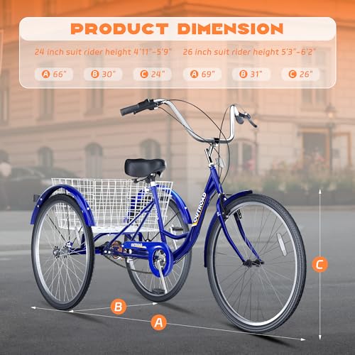 Adult Tricycle with Large Basket 24/26 Inch, 7-Speed 3-Wheel Bike I7207