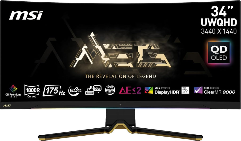 MSI MEG 342C QD OLED, 34" Curved Gaming Monitor, 3440 x 1440 (UWQHD), OLED, 0.1ms, 175Hz, FreeSync Premium, HDR 400, HDMI, DP Port, USB Type C, Tilt, Height
