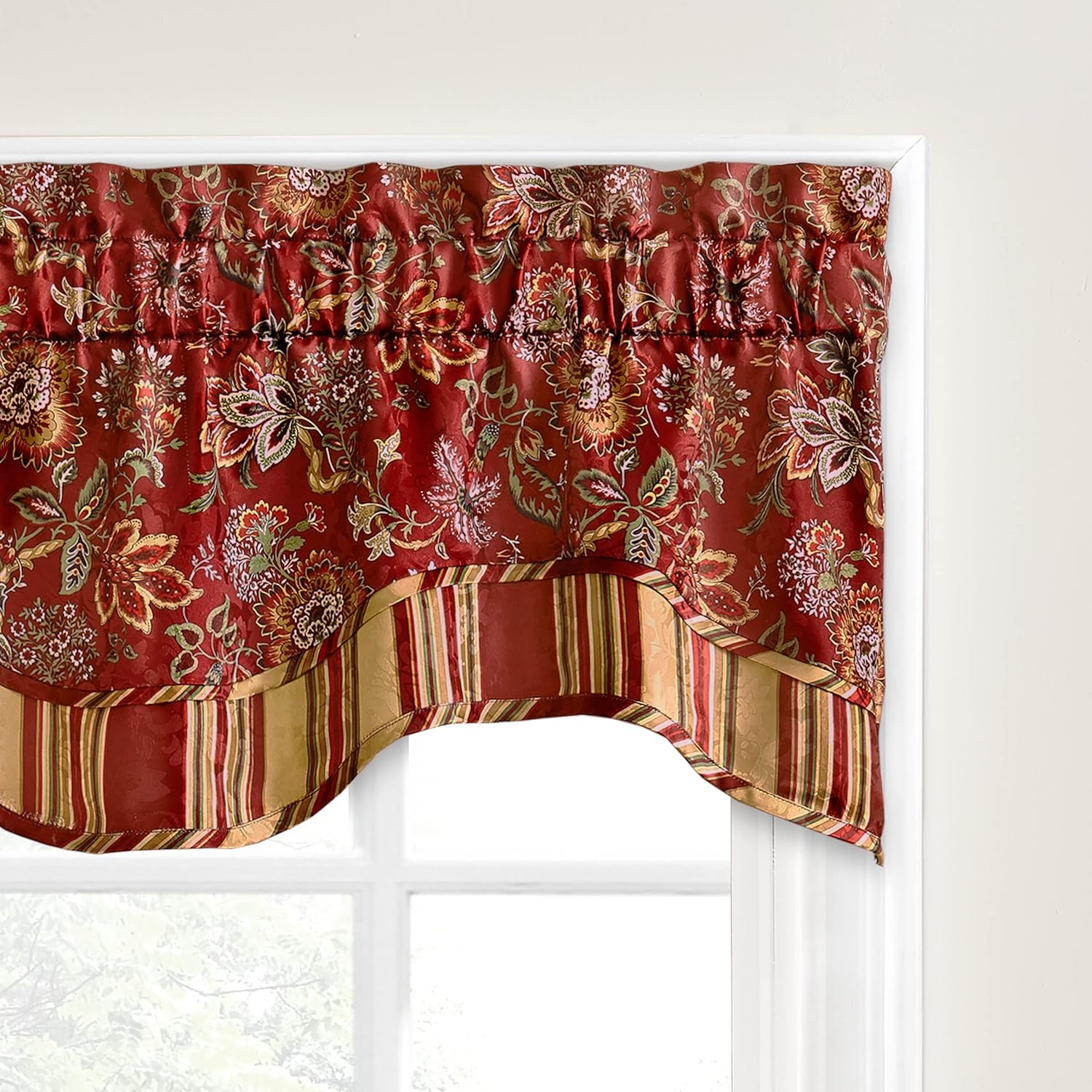 Waverly Navarra Farmhouse Scalloped Valance Rod Pocket Curtain, 52" x 16", Crimson J574356