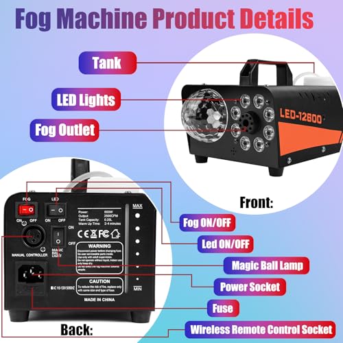 1200W Professional Fog Machine with DJ Light System and Wireless Remote T6484