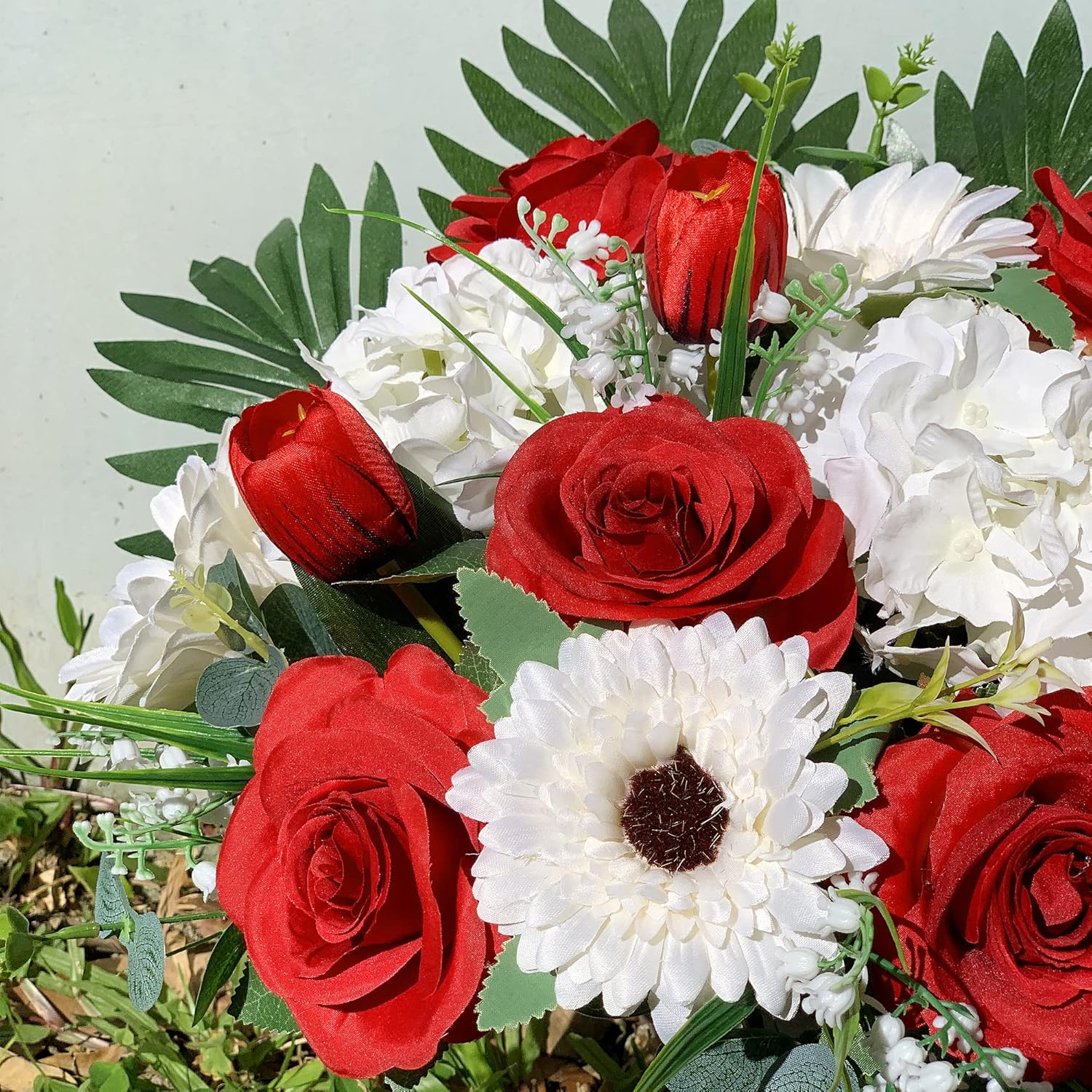 HENOMO Cemetery Flower with Grave Vase, Rose Mum and Hydrangea Mix Bouquet W182