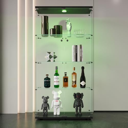 DADEA Glass Display Cabinet, 4 Shelves Glass Cabinet Display Case with Light and Lock, Curio Cabinets Upgraded Quick-Install Style Floor Standing Bookshelf for Bedroom, Living Room (Black)
