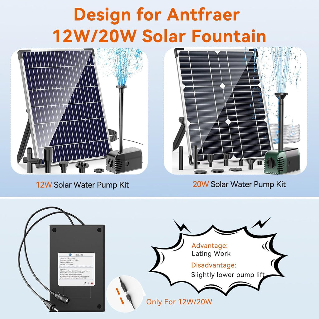 Antfraer Solar Pond Pump with Battery Backup, 12W Solar Fountain Pump Y229565