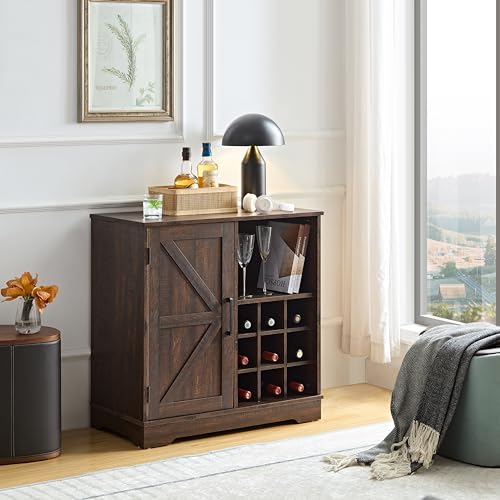 Dolonm Farmhouse Coffee Bar Cabinet with Wine Rack and Barn Door, Gray Wash Y4648