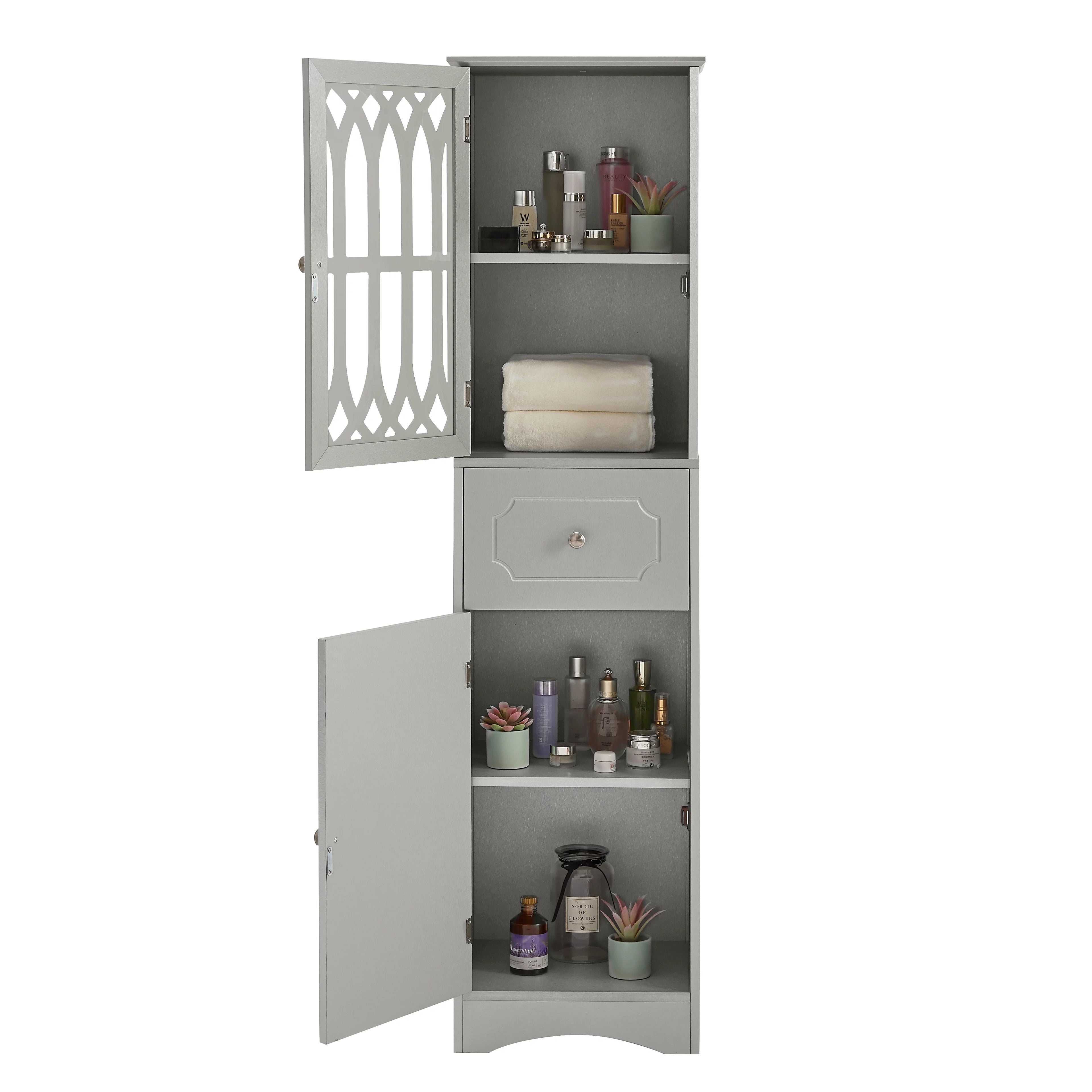 Modern Tall Bathroom Storage Cabinet with Doors and Drawers V259093