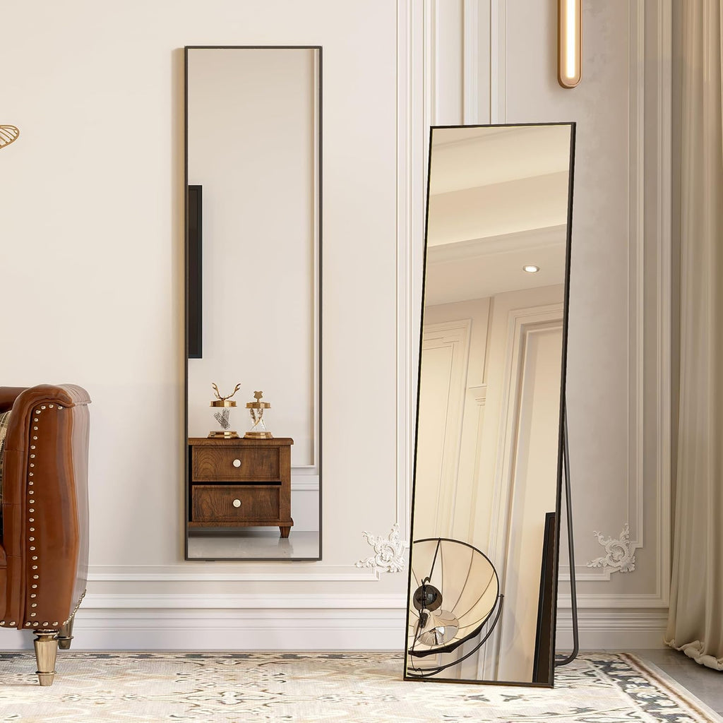 LVSOMT Full Length Mirror, Floor Mirror with Stand, Wall Mounted Full Body Mirror, Free Standing Mirror, Large Stand Up Mirror for Bedroom Living Room Locker Room, 63"x16" (Black)