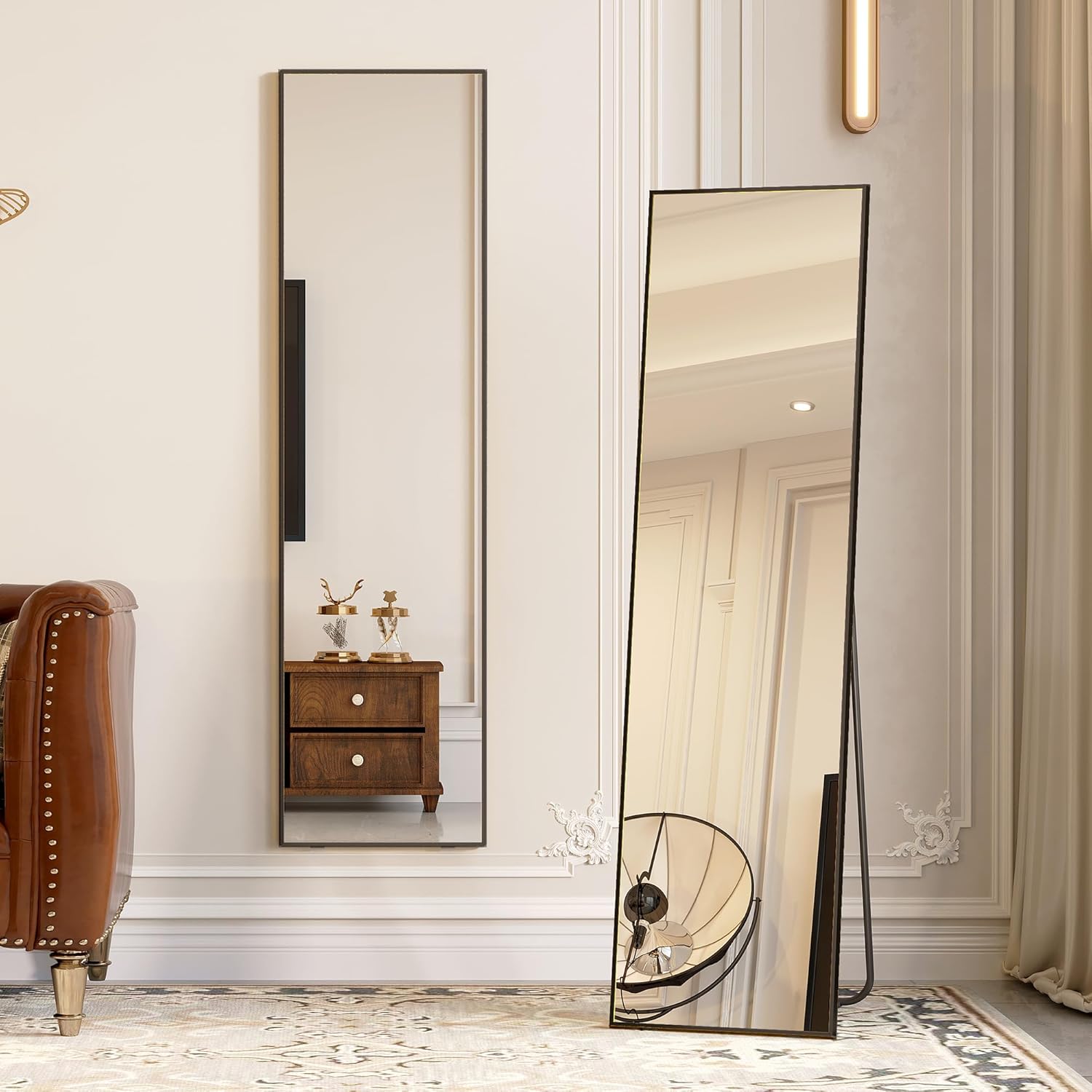 LVSOMT Full Length Mirror, Floor Mirror with Stand, Wall Mounted Full Body Mirror, Free Standing Mirror, Large Stand Up Mirror for Bedroom Living Room Locker Room, 63"x16" (Black)