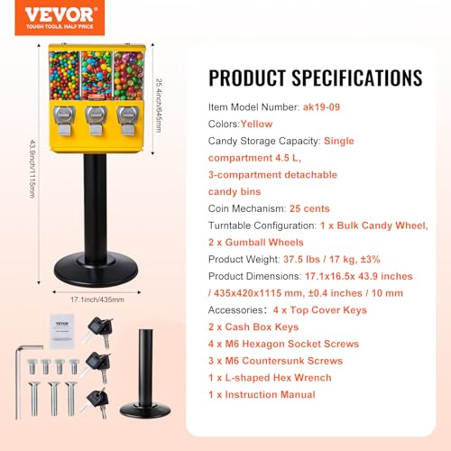 VEVOR Commercial Vending Machine, Triple Compartment Candy Dispenser with Iron Stand, Yellow K8189