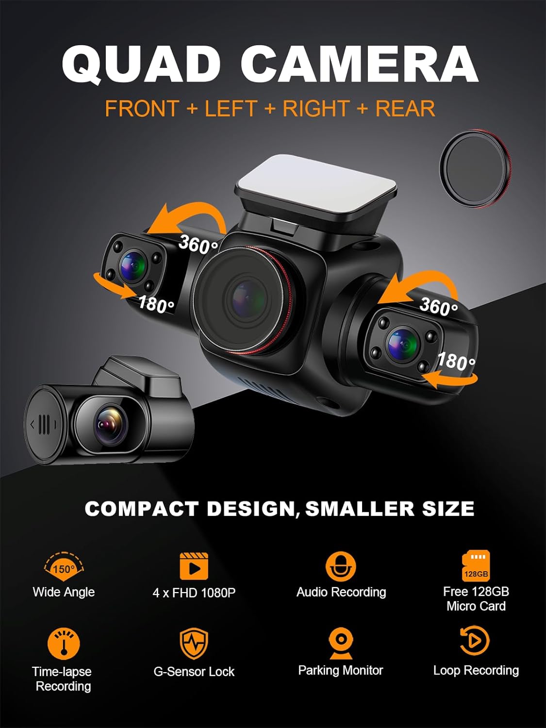 PRUVEEO 4 Channel Dash Cam Front Rear Inside Left Right with CPL, GPS, WiFi, Night Vision, 24/7 Parking Mode B549
