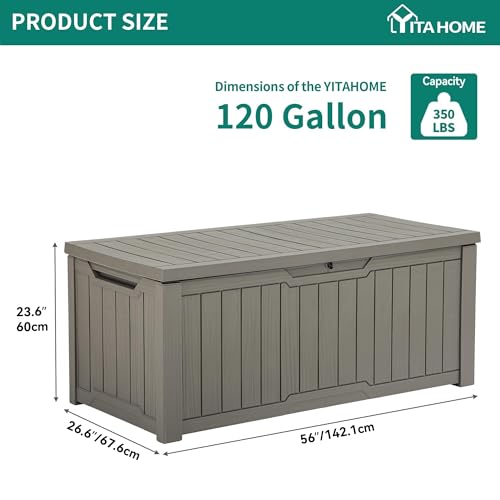 YITAHOME Outdoor Storage Box with Cushion, 120 Gallon, Lockable, Light Brown O374