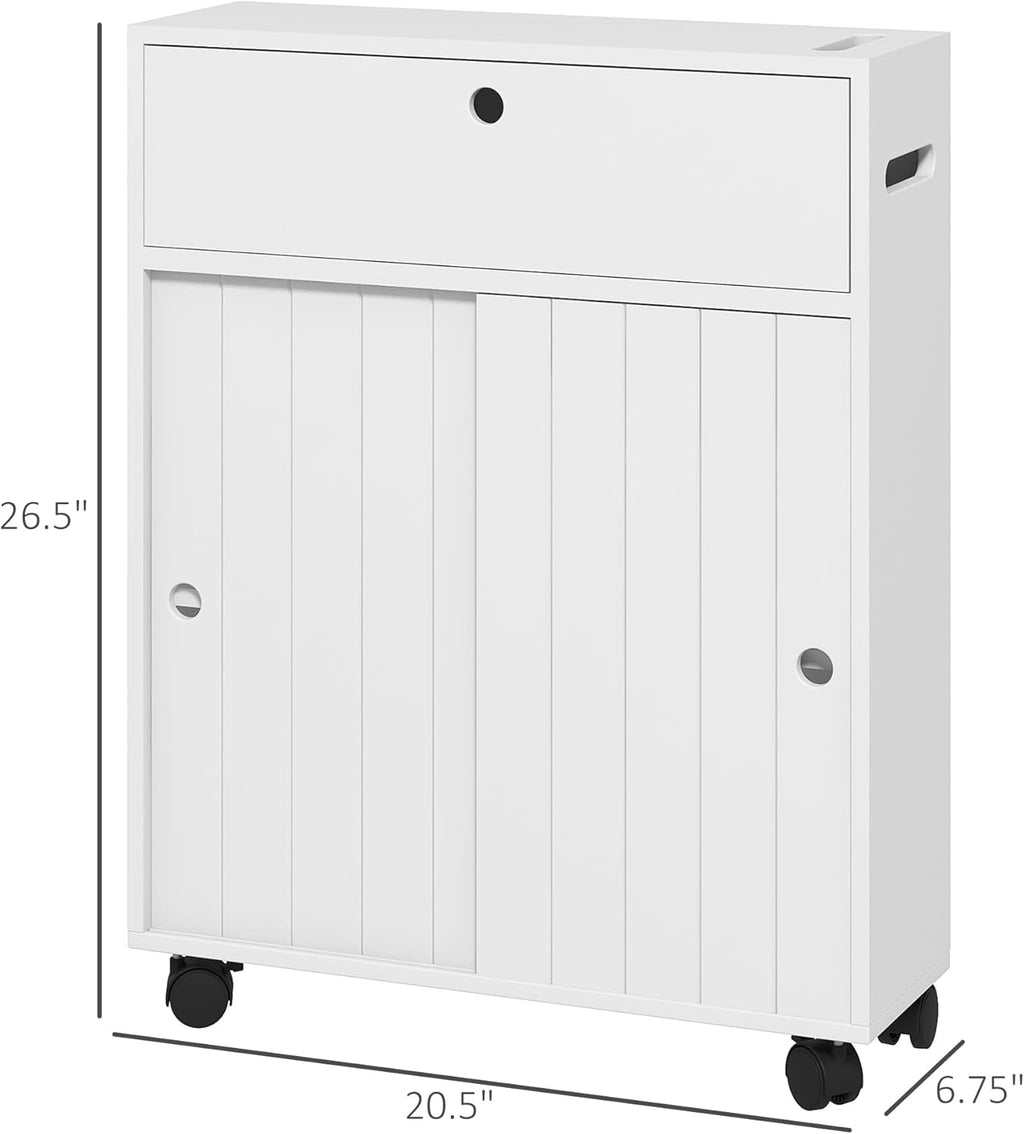 kleankin Toilet Paper Cabinet, Slim Bathroom Storage with Rolling Wheels, White K6711