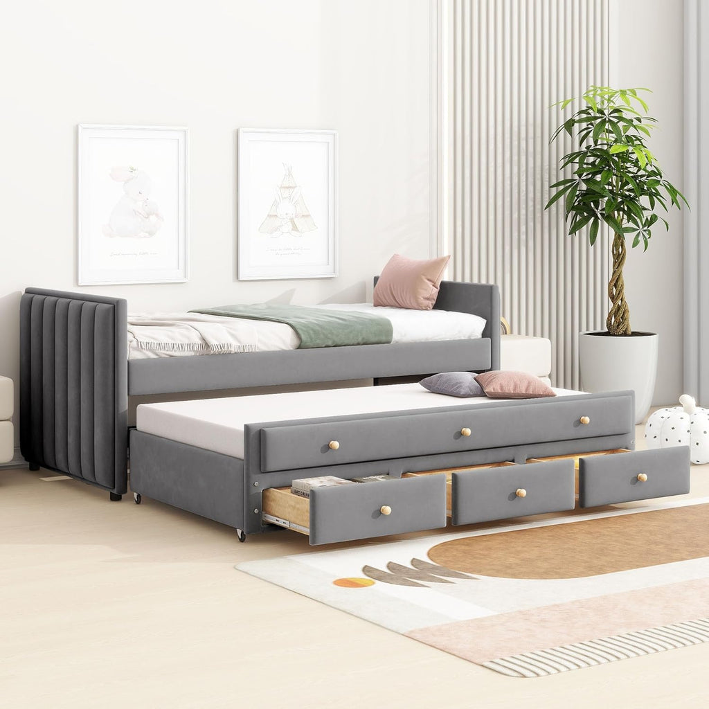 Twin Size Modern Velvet Upholstered Daybed with Twin Size Trundle and 3 Storage Drawers, Wooden Daybed Sofa Bed Frame with Slat Support for Kids Teens Adults, No Box Spring Needed (Gray)