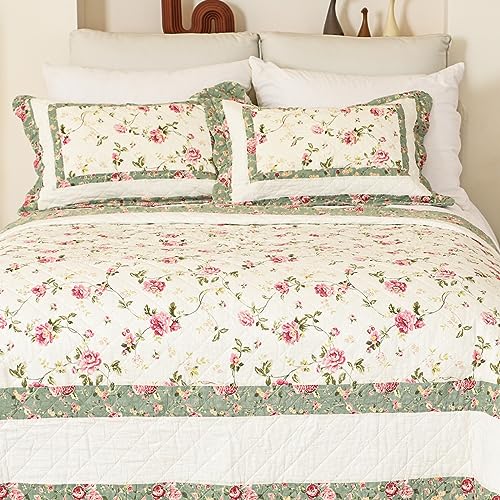Brandream Pink Rose Floral Patchwork Quilt Cotton Queen Size 3-Piece Bedding Set Z24857
