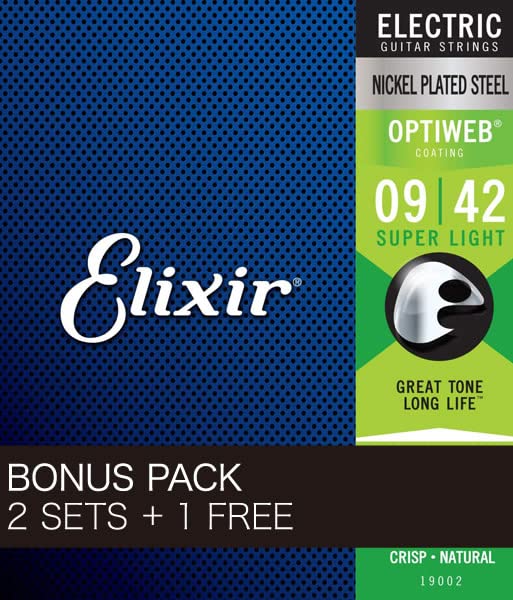 Elixir Electric Guitar Strings, 2 Sets + 1 Bonus Pack, OPTIWEB Super Light .009-.042#19002 BonusPack (2+1FREE)